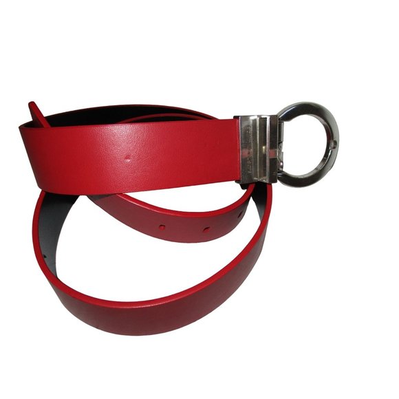 *Calvin Klein Red Leather MOD Belt Chunky Signature Silver Buckle - Picture 2 of 5